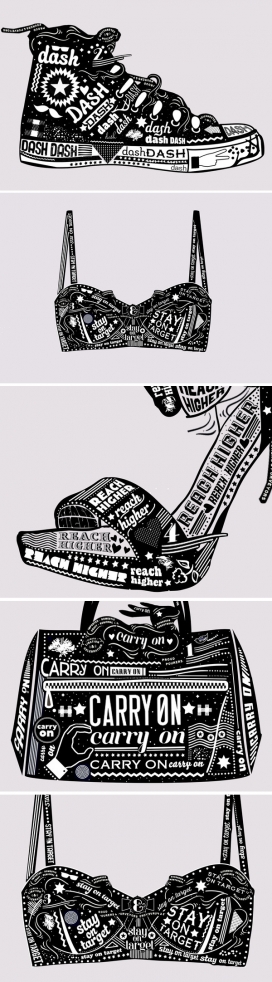 字母插画故事-土耳其伊斯坦布尔Hande Guler插画师作品，用英文字母拼成的鞋子-胸罩-高跟鞋-背包