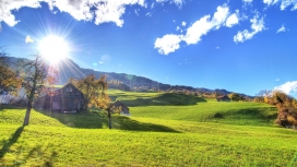 温暖的秋天-蓝天白云太阳绿色草地自然风景壁纸