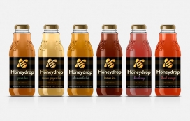 Honeydrop健康低热量蜂蜜果汁甜茶饮料包装设计，以探索标签为设计，提高了层次结构和货架冲击力，同时保持目前的蜜蜂标志。