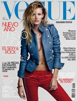 香奈儿Vogue时尚西班牙2013年1月封面，Vilkeviciute穿着军风格蓝色Chanel外套和红色Isbael玛兰裤子