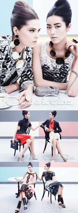 刘雯和卡罗琳-奥斯卡的社会名媛，柔和的礼服和黑白色分离饰花边图案时装秀