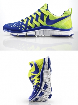 纵横绿蓝交织条带透气网Nike耐克Free Trainer 5.0运动气垫鞋，灵感来自于中国手指