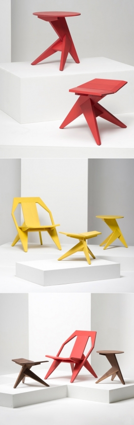 意大利Mattiazzi品牌家具-角木凳子和桌子，由一个倾斜的支持是稳定两个腿伸出来