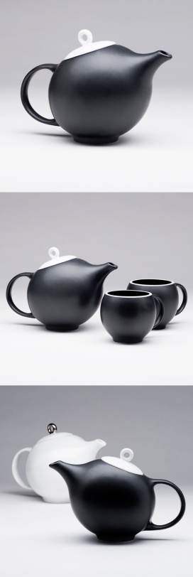 伊娃黑白茶具-诱人优雅的茶壶与茶杯配套，光滑的白色搭配银色黑色镀圈陶瓷