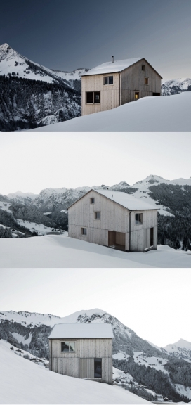 松树云杉小屋-坐落在奥地利西部的一个村庄，方形窗户，风景如画的小屋