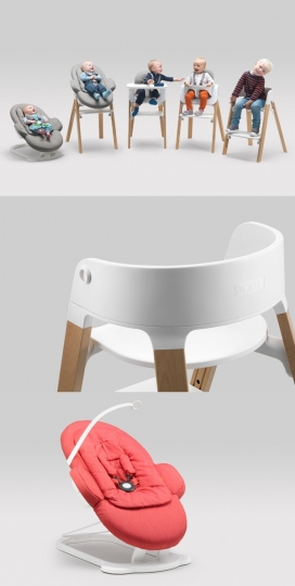 挪威领先的婴童品牌Stokke新推出的儿童座椅系统-包括一个婴儿助行器，当连接到椅子上形成一个婴儿躺椅，也可以创建一个安全功能的高脚椅