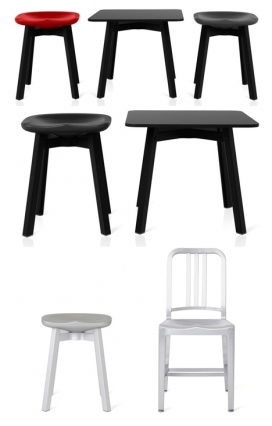 海军椅-美国家具公司EMECO使用再循环材料制作的凳子和桌子集合-意味着简单朴素，在米兰国际家具展展出，桌子是由高压层板（HPL）制成。座椅有三种材料做成，再生橡木，生态混凝土和再生聚乙烯