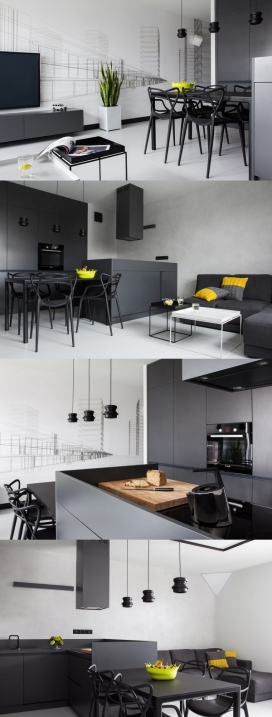 波兰现代黑白公寓室内设计-黑白元素之间的鲜明对比打破了黄绿色家居装饰，整个客厅采用自定义图形元素的墙纸，里面的扶手椅都是20世纪50年代波兰人设计的，每一把椅子都配有永恒的形状，厨房是100％用层压板定制