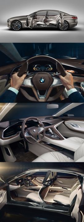 BMW宝马未来远景豪华碳纤维概念车-整车配备增强显示技术与激光LED灯，通过投影的实时信息现在在前面挡风玻璃上，增强了驾驶员的视线，空气动力学和轻质材料是这款车的设计主要要素，前排乘客都配备了个人信息显示，可以通过触摸敏感面板连接到驱动器的显示屏，后排乘客还可以使用安装在座椅头的平板电脑来实现娱乐功