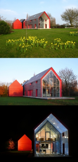 玻璃镶板红屋坊-一个非常规的红色房子，带一个20吨的移动屋顶天窗和墙壁外壳，外墙结构是由四个隐藏电动机组成，提供马达动力是光伏太阳能电池板