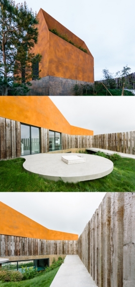 黄“庙”建筑-葡萄牙建筑Atelier工作室作品-铜彩色水泥和软木复合属性的外观
