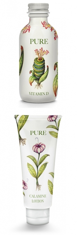 PURE-植物乳液包装设计-惊人的植物插画与干净白色瓶和衬线字体