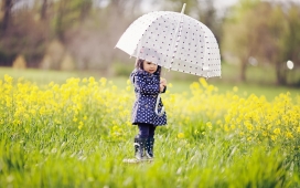 打雨伞站在金黄色油菜花里的儿童宝宝