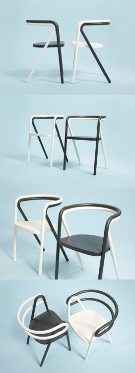 简单而优雅的交叉颜色椅子-符合人体工程学，采用弯曲的钢管和胶合板座椅，设计师使用两个元素和颜色，形成一个对比对象，也是一个有趣的3D形状