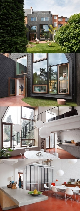 比利时什锦窗别墅-简单的窗户和双层落地玻璃混合物给整个房间带来光明效果，地板到天花板的玻璃提供两个层次感，较小的开放式窗户能完整提供通风