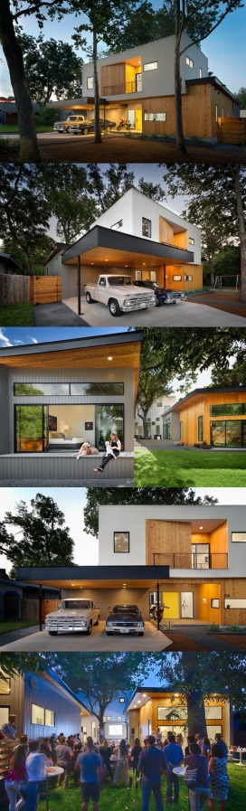 克萨斯州奥斯汀围绕着一棵橡树的现代化房子-每家的房间都可以欣赏到树，树冠的伸出和色调，给户外空间增添了几分色彩
