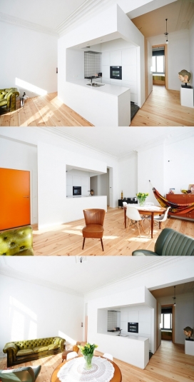 布鲁塞尔公寓-比利时AUXAU建筑工作室设计-一个现代化光线充足的两间卧室的公寓，只有一个卧室，一个浴室相连，一个小客厅，中央立方体设有一个开放式的厨房，厕所，和一个单独的浴室，让光线穿过整个空间。