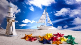 夏季海滩海星-帆船-灯塔壁纸