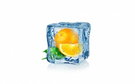 被立方体冰块封住的脐橙