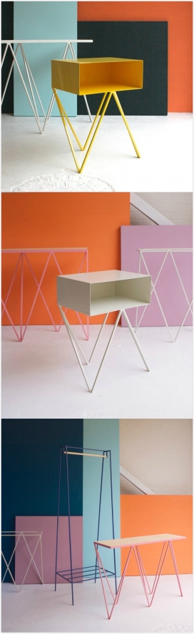 新现代极简钢家具-芬兰Jo Wilton and Mirka Grohn设计二人组作品-使用耐用结实的钢材与缤纷色彩粉末喷涂表面，使产品看上去简约通风。集合包括边桌，餐具，玄关桌，和衣架。