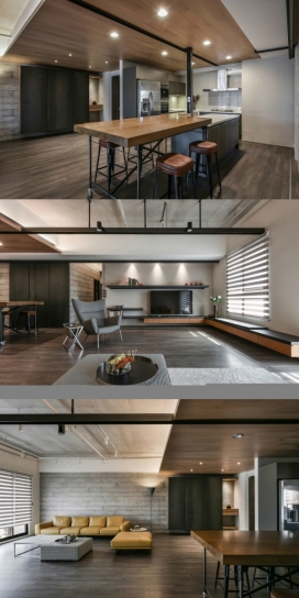 台湾高雄189平方米的公寓-给它的主人一回家就从外地来招待朋友和家人，同时也给他们自己私人空间。手工制作的混凝土涂料和木地板，有一个大的开放的空间，包括客厅，饭厅和厨房，可以让人们在里面聚集