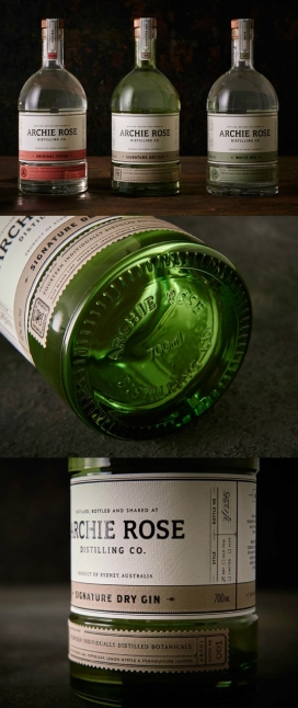 澳大利亚Archie Rose阿奇玫瑰蒸馏水杜松子酒包装设计-体验真正的谷物酒，360度凹标签很有特色
