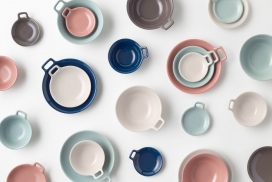 Nendo为小公寓设计的Totte盘子和碗陶瓷餐具，以帮助它们存储在紧凑的空间并进行热的食物，有三种不同的尺寸，五种颜色，白色，棕色，粉红色，绿色和蓝色的版本。