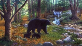 高清晰带宝宝的黑熊油画壁纸