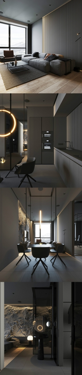 使用灯光和纹理来对黑暗内饰增加质感的公寓设计