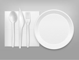 一次性白色塑料餐具刀叉与餐盘