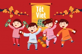 欢度春节的越南小朋友卡通素材