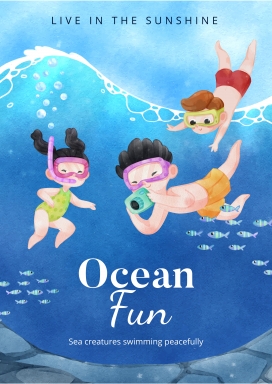 时尚蓝色儿童海洋乐园潜水插画素材下载
