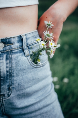 牛仔裤插满白色雏菊花