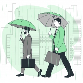 绿色卡通打伞躲雨行走的商务图