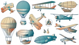 卡通手绘复古热气球飞机