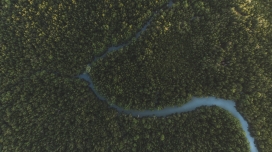 高空无人机俯拍的森林小河