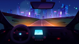 夜间汽车驾驶城市道路内部视图矢量素材