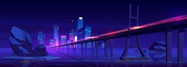 蓝紫色卡通霓虹海洋城市光速光轨桥城市天际线插图