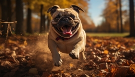 秋季森林奔跑的八哥犬