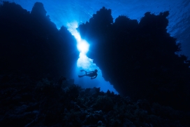 蓝光下潜入海底的潜水运动员