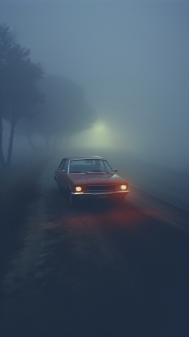 傍晚行驶在雾气中的复古红色汽车