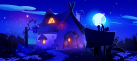 蓝色月光下的童话小屋风景素材