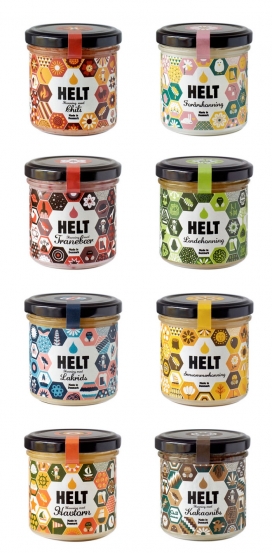 Helt蜂蜜罐包装-为了区分风味，每罐都含有独特插图和图示，特别是蜜蜂采集的花蜜和花朵-丹麦Arhoj设计师作品