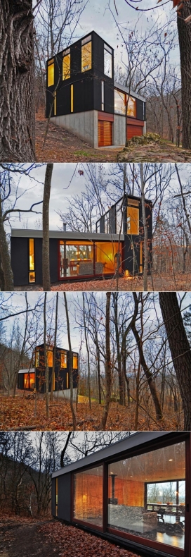 一个偏远树林里的堆叠机舱房屋建筑