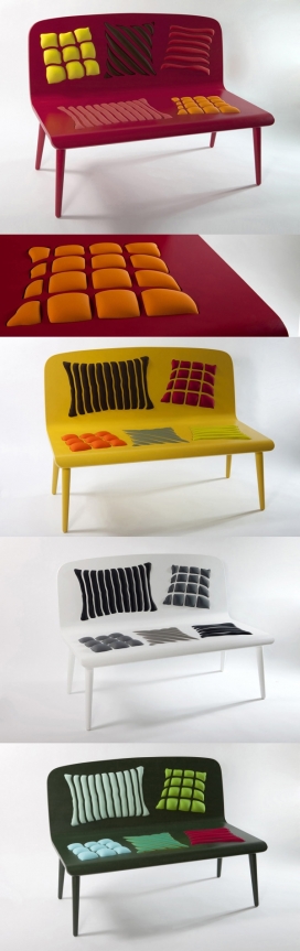 几何形状欧普艺术长凳设计-丰富多彩的长凳，错觉图案的枕头，织物木材，给人一种立体的效果