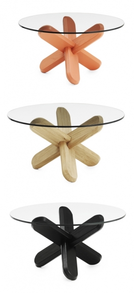 玻璃圆形咖啡桌茶几-环环相扣的木腿