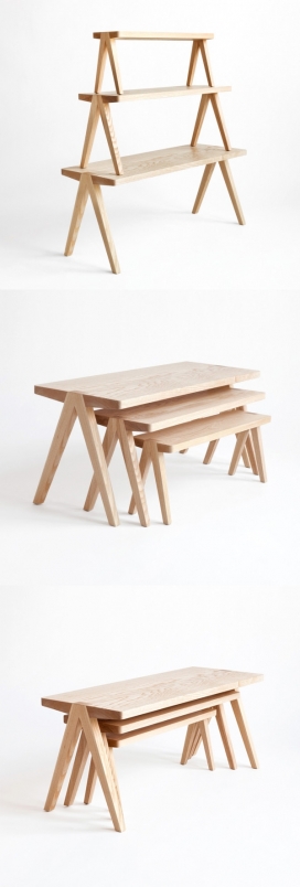 木质三套桌-简单和功能集中在一个精致的凳子上，全是手工制作