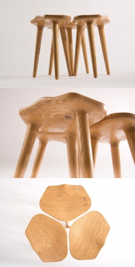 三叶草凳-一组三个凳子放在一起，形状形成一个像三叶草的雕塑