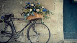 停靠在墙壁旁的老式自行车花篮