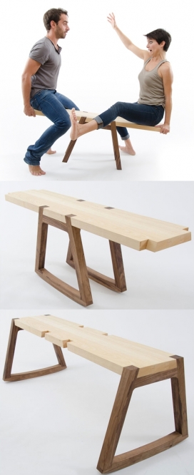 双床板凳-由意大利设计师Andrea Rekalidis利用木凳腿，把它变成一个拉锯式跷跷板